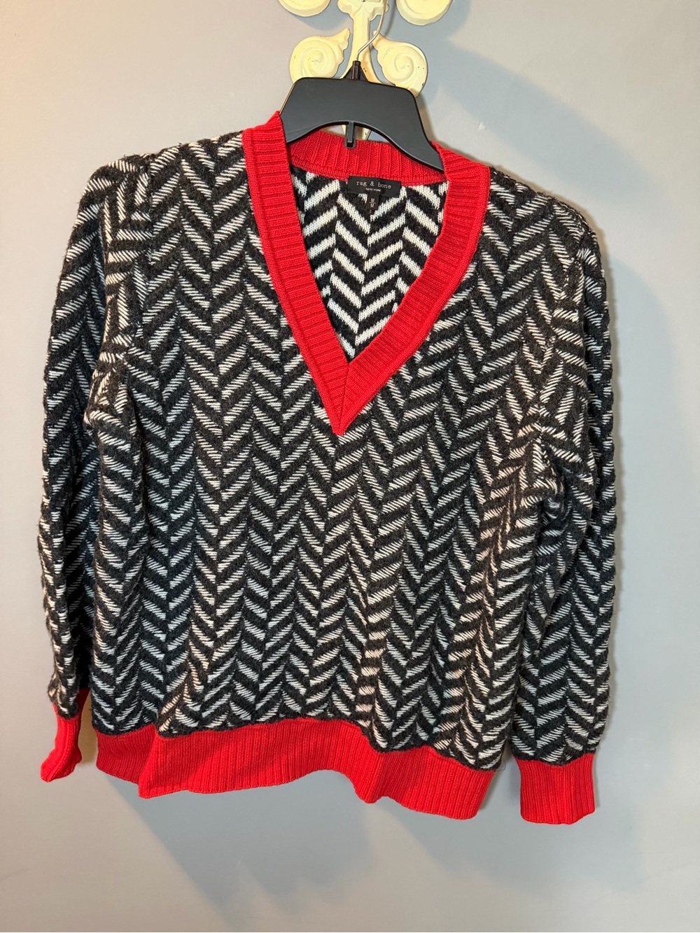 rag & bone Black and White Chevron V-Neck Sweater with Red Trim